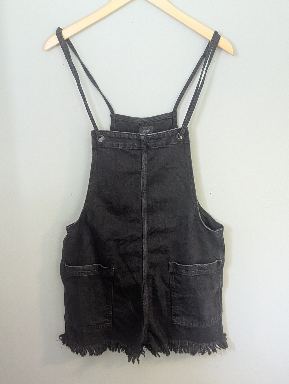 Aerie Black Denim Frayed Hem Overall Shorts